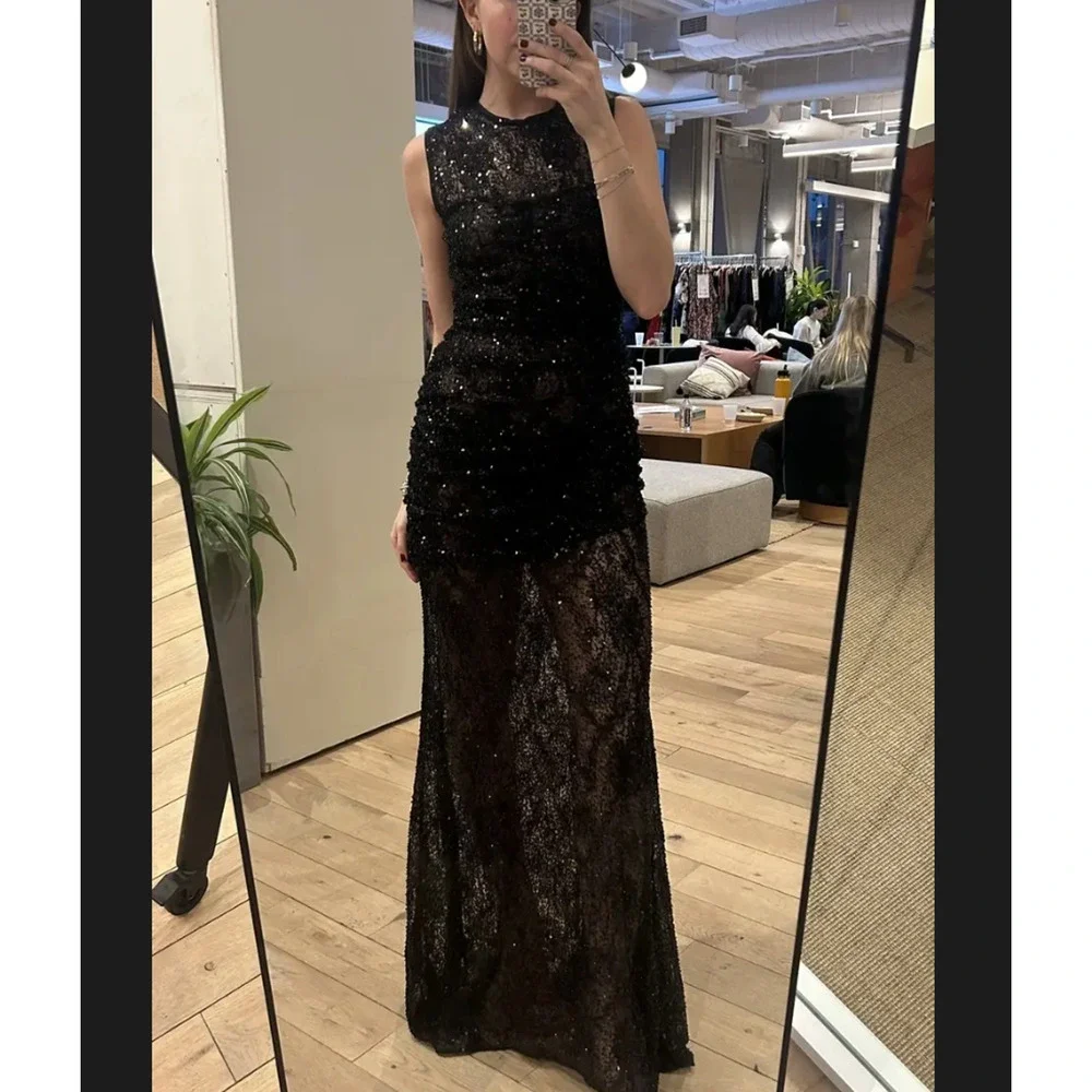 Aknvas Black Sequin Gown Size 6 Formal Luxury Sheer Ruched Flattering $1000 - Picture 6 of 13